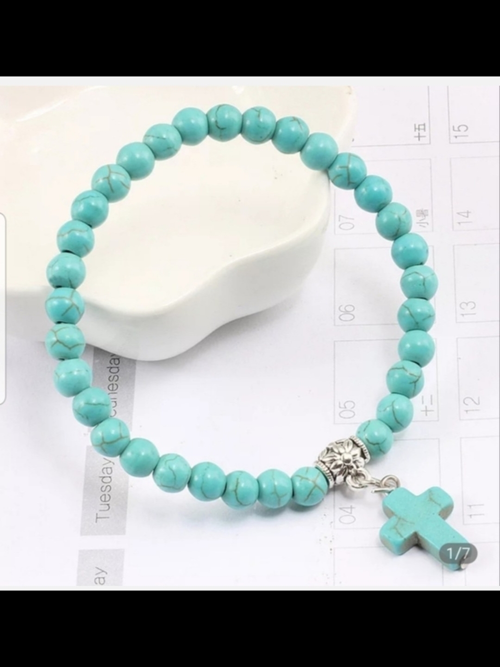 Turquoise Bead Stretch Bracelet with Cross Charm - 7.8 Inches